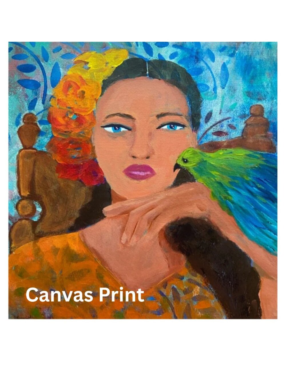 Hand-Painted Portrait Canvas Print Wall Art in Blue, Green and Pink